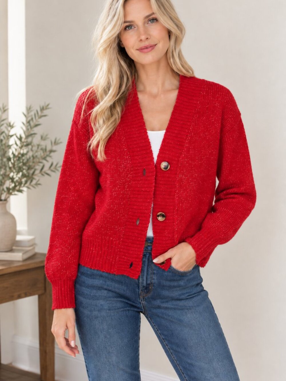 Women's Red Cardigan Sweater Drop Shoulder Design